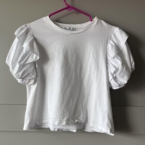 Zara Shirt Womens Medium‎ White Ruffle Puff Short Sleeve Crewneck Tee Top Blouse